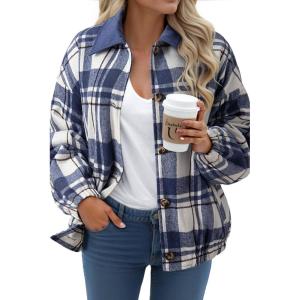 imageDokotoo Womens Flannel Plaid Shacket Jackets Corduroy Collar Long Sleeve Button Down Fleece Jackets Warm CoatWild Wind