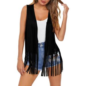 imageDokotoo Womens Fringe Vest 70s Hippie Costume Sleeveless Cowgirl Western Outfits Faux Suede Tassel Leather OuterwearBlack