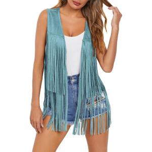 imageDokotoo Womens Fringe Vest 70s Hippie Costume Sleeveless Cowgirl Western Outfits Faux Suede Tassel Leather OuterwearBlue