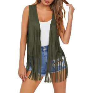 imageDokotoo Womens Fringe Vest 70s Hippie Costume Sleeveless Cowgirl Western Outfits Faux Suede Tassel Leather OuterwearGreen