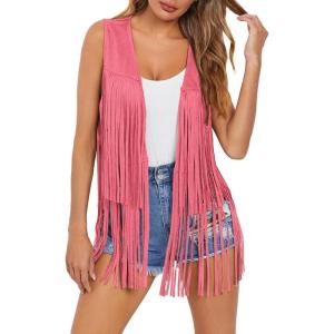 imageDokotoo Womens Fringe Vest 70s Hippie Costume Sleeveless Cowgirl Western Outfits Faux Suede Tassel Leather OuterwearPink