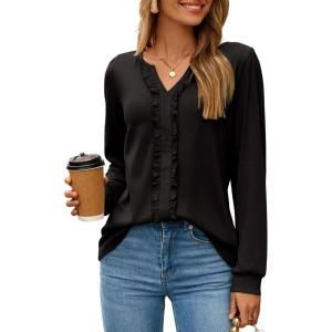 imageDokotoo Womens Long Sleeve Tops Ruffle V Neck Shirts Dressy Casual Blouses Fall Clothes 2025Black