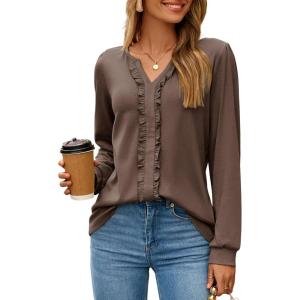 imageDokotoo Womens Long Sleeve Tops Ruffle V Neck Shirts Dressy Casual Blouses Fall Clothes 2025Dark Brown