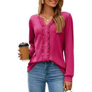 imageDokotoo Womens Long Sleeve Tops Ruffle V Neck Shirts Dressy Casual Blouses Fall Clothes 2025Rose Red