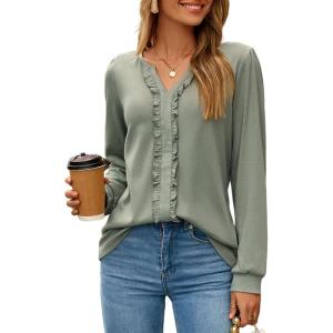 imageDokotoo Womens Long Sleeve Tops Ruffle V Neck Shirts Dressy Casual Blouses Fall Clothes 2025Smoke Green