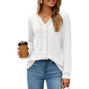 imageDokotoo Womens Long Sleeve Tops Ruffle V Neck Shirts Dressy Casual Blouses Fall Clothes 2025White