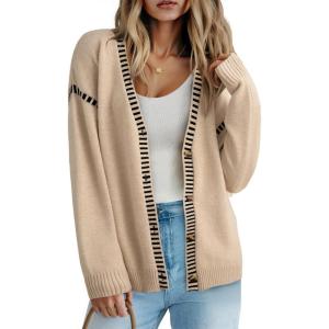 imageDokotoo Womens Oversized Cardigan Sweaters Casual Coats Long Sleeve Button Front Stripes Trim Fall OutfitsBeige