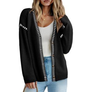 imageDokotoo Womens Oversized Cardigan Sweaters Casual Coats Long Sleeve Button Front Stripes Trim Fall OutfitsBlack