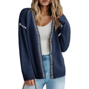 imageDokotoo Womens Oversized Cardigan Sweaters Casual Coats Long Sleeve Button Front Stripes Trim Fall OutfitsBlue