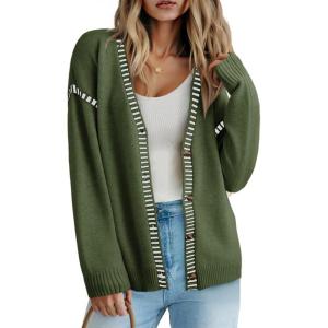 imageDokotoo Womens Oversized Cardigan Sweaters Casual Coats Long Sleeve Button Front Stripes Trim Fall OutfitsGreen