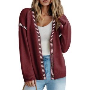 imageDokotoo Womens Oversized Cardigan Sweaters Casual Coats Long Sleeve Button Front Stripes Trim Fall OutfitsRed