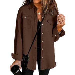 imageDokotoo Womens Oversized Denim Jacket Casual Long Sleeve Denim Shirts Distresse Jean Jacket Fall Outfits 2025Brown