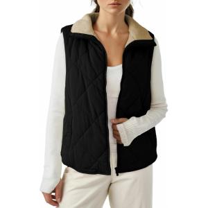 imageDokotoo Womens Oversized Puffer Vest Casual Full Zip Stand Collared Fleece Vest Quilted Padded Warm Coat OutwearBlack