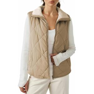 imageDokotoo Womens Oversized Puffer Vest Casual Full Zip Stand Collared Fleece Vest Quilted Padded Warm Coat OutwearCamel