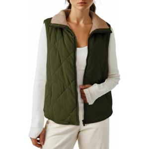 imageDokotoo Womens Oversized Puffer Vest Casual Full Zip Stand Collared Fleece Vest Quilted Padded Warm Coat OutwearMist Green