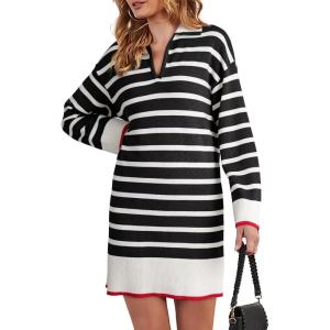 imageDokotoo Womens Polo V Neck Sweater Dresses Fall Dresses for Women 2024 Long Sleeve Dress Casual Striped Mini DressBlack Stripe