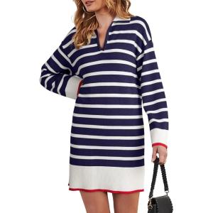 imageDokotoo Womens Polo V Neck Sweater Dresses Fall Dresses for Women 2024 Long Sleeve Dress Casual Striped Mini DressBlue Stripe