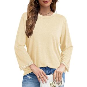 imageDokotoo Womens Shirts Lightweight 2025 Summer Fall Fashion 34 Length Sleeve T Shirts Casual Tops Basic BlousesYellow Cream