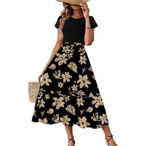 imageDokotoo Womens Summer 2025 Maxi Dress Ruffle Short Sleeve Casual Floral Print Long Flowy Dresses with PocketsBlack
