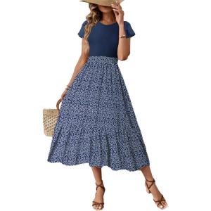 imageDokotoo Womens Summer 2025 Maxi Dress Ruffle Short Sleeve Casual Floral Print Long Flowy Dresses with PocketsBlue