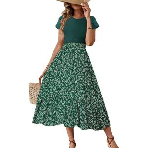 imageDokotoo Womens Summer 2025 Maxi Dress Ruffle Short Sleeve Casual Floral Print Long Flowy Dresses with PocketsGreen