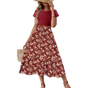 imageDokotoo Womens Summer 2025 Maxi Dress Ruffle Short Sleeve Casual Floral Print Long Flowy Dresses with PocketsRed