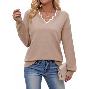 imageDokotoo Womens Sweaters Casual V Neck Long Sleeve Lightweight Sweaters Loose Solid Fall Tops Pullover SweaterCoffee