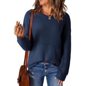 imageDokotoo Womens Sweaters Crewneck Ribbed Knit Waffle Pullover Sweaters 2025 Fall Winter Fashion ClothesBlue