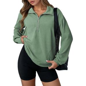 imageDokotoo Womens Sweatshirt Waffle Knit Long Sleeve Lapel Half Zip Up Casual Lightweight Soft Sweatshirts Loose Pullover TopsSmoke Green