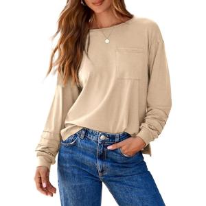 imageDokotoo Womens Tops 2025 Fashion Long Sleeve Shirts Loose Cute Crewneck Basic Business Tees BlousesBeige