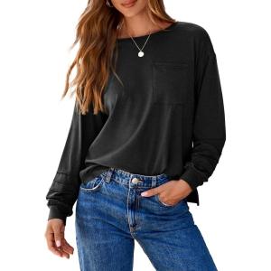 imageDokotoo Womens Tops 2025 Fashion Long Sleeve Shirts Loose Cute Crewneck Basic Business Tees BlousesBlack