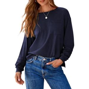 imageDokotoo Womens Tops 2025 Fashion Long Sleeve Shirts Loose Cute Crewneck Basic Business Tees BlousesBlue