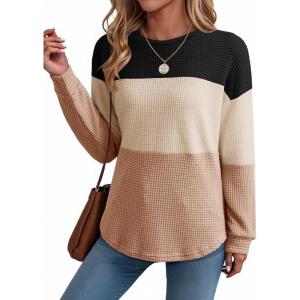 imageDokotoo Womens Tops Casual Long Sleeve Waffle Knit Oversized Shirts Crewneck Color Block Pullover SweatshirtsBlack