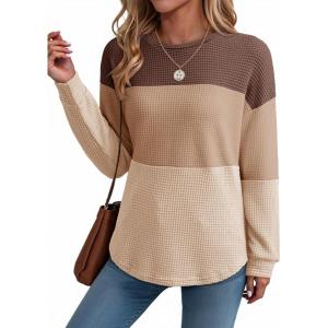 imageDokotoo Womens Tops Casual Long Sleeve Waffle Knit Oversized Shirts Crewneck Color Block Pullover SweatshirtsBrown