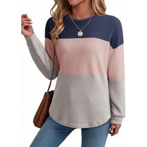 imageDokotoo Womens Tops Casual Long Sleeve Waffle Knit Oversized Shirts Crewneck Color Block Pullover SweatshirtsDark Blue
