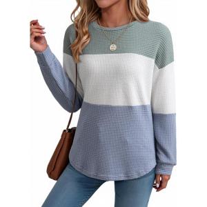 imageDokotoo Womens Tops Casual Long Sleeve Waffle Knit Oversized Shirts Crewneck Color Block Pullover SweatshirtsGreen