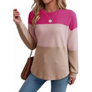 imageDokotoo Womens Tops Casual Long Sleeve Waffle Knit Oversized Shirts Crewneck Color Block Pullover SweatshirtsHot Pink