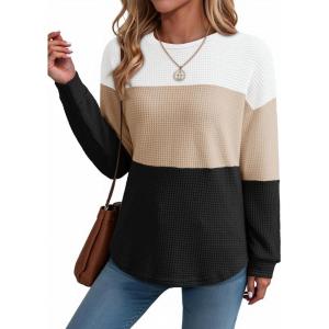 imageDokotoo Womens Tops Casual Long Sleeve Waffle Knit Oversized Shirts Crewneck Color Block Pullover SweatshirtsWhite