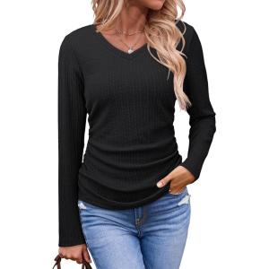 imageDokotoo Womens Tops Casual V Neck Long Sleeve Shirts for Women Fashion Solid Ruched Basic Tunics BlousesBlack