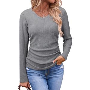 imageDokotoo Womens Tops Casual V Neck Long Sleeve Shirts for Women Fashion Solid Ruched Basic Tunics BlousesGray
