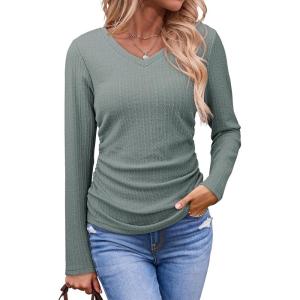 imageDokotoo Womens Tops Casual V Neck Long Sleeve Shirts for Women Fashion Solid Ruched Basic Tunics BlousesGreen