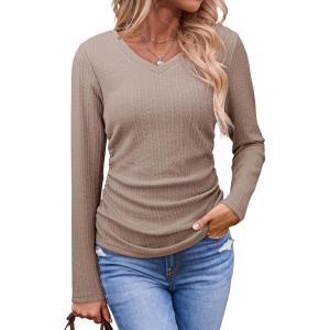 imageDokotoo Womens Tops Casual V Neck Long Sleeve Shirts for Women Fashion Solid Ruched Basic Tunics BlousesKhaki