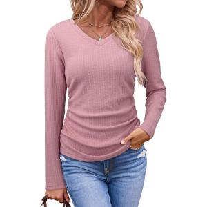 imageDokotoo Womens Tops Casual V Neck Long Sleeve Shirts for Women Fashion Solid Ruched Basic Tunics BlousesPink