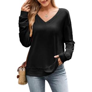 imageDokotoo Womens Tops Dressy Casual 2025 Long Sleeve Pullover V Neck Fall Shirts Hollow Out Lace Embroidered BlouseBlack