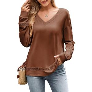 imageDokotoo Womens Tops Dressy Casual 2025 Long Sleeve Pullover V Neck Fall Shirts Hollow Out Lace Embroidered BlouseBrown