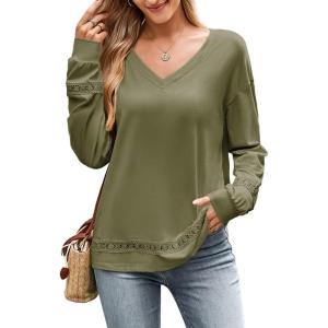 imageDokotoo Womens Tops Dressy Casual 2025 Long Sleeve Pullover V Neck Fall Shirts Hollow Out Lace Embroidered BlouseGreen