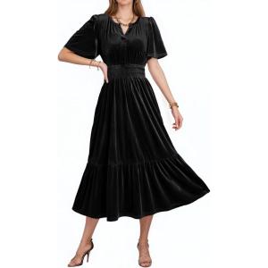imageDokotoo Womens V Neck Short Flared Sleeve Wedding Guest Dress Elastic Waist Tiered Ruffle Hem Velvet DressBlack