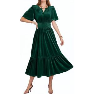 imageDokotoo Womens V Neck Short Flared Sleeve Wedding Guest Dress Elastic Waist Tiered Ruffle Hem Velvet DressBlackish Green
