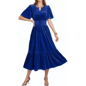 imageDokotoo Womens V Neck Short Flared Sleeve Wedding Guest Dress Elastic Waist Tiered Ruffle Hem Velvet DressBluing