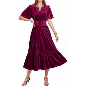 imageDokotoo Womens V Neck Short Flared Sleeve Wedding Guest Dress Elastic Waist Tiered Ruffle Hem Velvet DressBurgundy